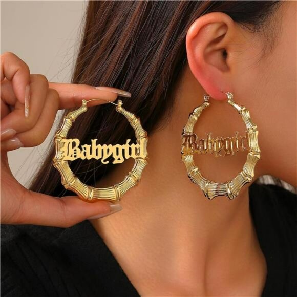 Gold Bamboo Hoop Earrings for Women Large Heart Door Knocker 90s Hip Hop Jewelry - Picture 2 of 8